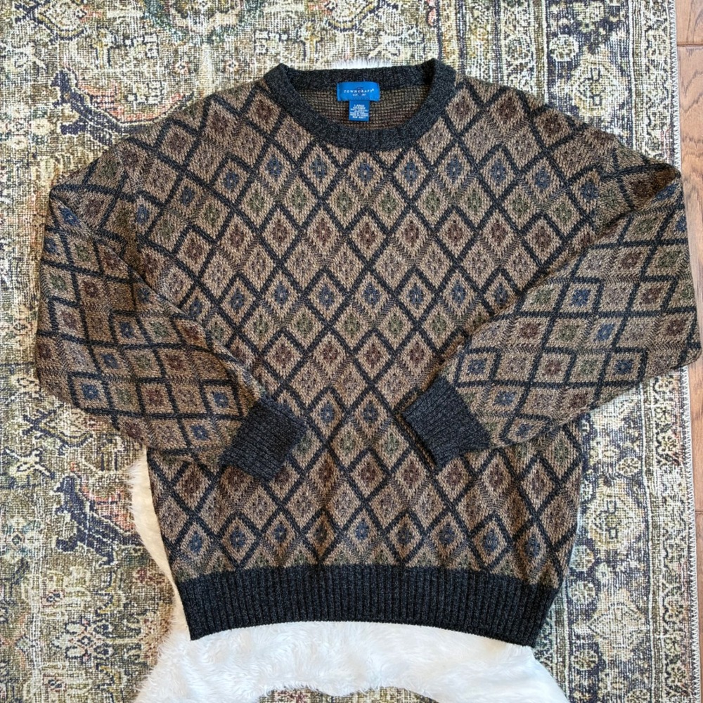 Vintage Towncraft 90s Grandpa Grunge Argyle Sweater Large Earth Tone brown